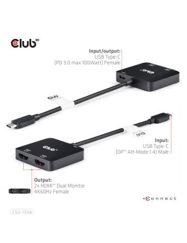 CLUB3D CSV-1558 bilddelare USB Type-C 2x HDMI