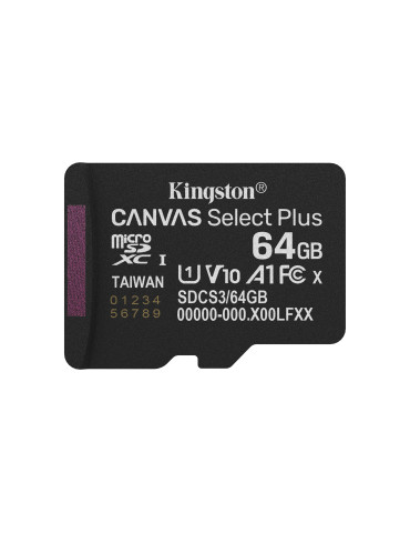Kingston Technology 64 Gt microSDXC Canvas Select Plus Gen3 100MB s A1 -kortti + sovitin