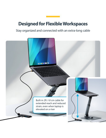 StarTech.com USB-C-hubb med fyra portar, 5 Gbps, bussdriven, USB-C till 4x USB-A-minihubb, extra lång 61 cm värdkabel,