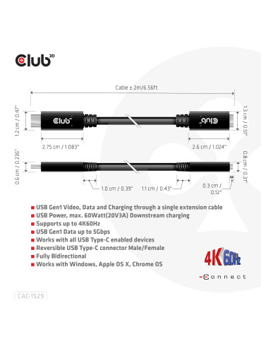 CLUB3D CAC-1529 USB-kaapeli USB 3.2 Gen 1 (3.1 Gen 1) 2 m USB C 5 Gbit s 60 W Musta