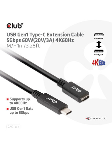 CLUB3D CAC-1531 USB cable 39.4" (1 m) USB C 2 x USB C 5 Gbit s 60 W Black