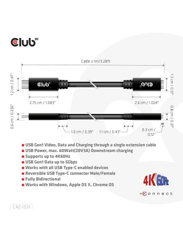 CLUB3D CAC-1531 USB-kaapeli 1 m USB C 2 x USB C 5 Gbit s 60 W Musta