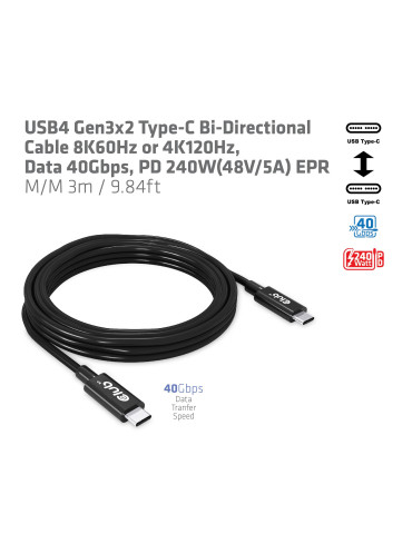 CLUB3D CAC-1579 USB cable USB4 Gen 3x2 118.1" (3 m) USB C 40 Gbit s 240 W Black