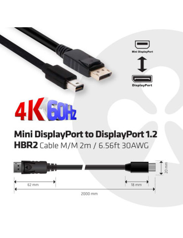 CLUB3D Mini DisplayPort to DisplayPort 1.2 M M 2m 6.56ft 4K60Hz
