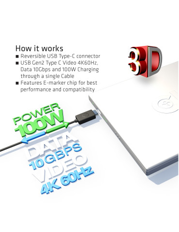 CLUB3D USB Type-C Cable M M 0.8Meter Active PD ~100Watt 4K60Hz