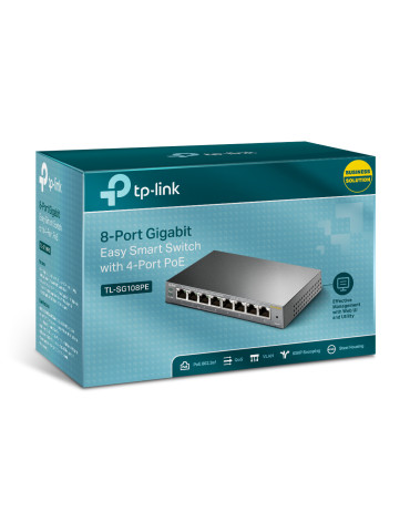 TP-Link TL-SG108PE Hallittu L2 Gigabit Ethernet (10 100 1000) Power over Ethernet -tuki Musta