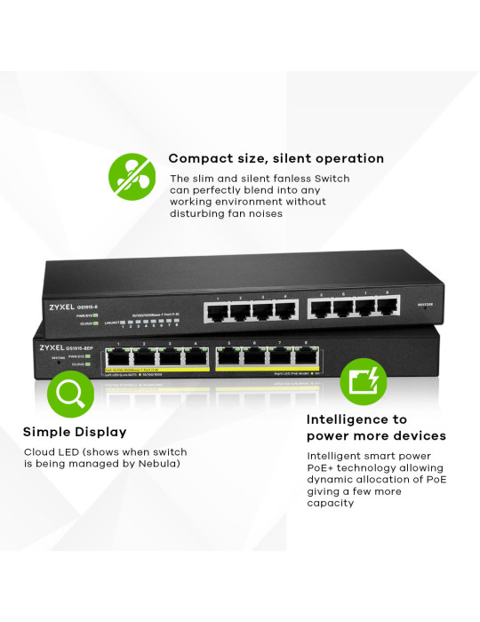 Zyxel GS1915-8EP hanterad L2 Gigabit Ethernet (10 100 1000) Strömförsörjning via Ethernet (PoE) stöd Svart