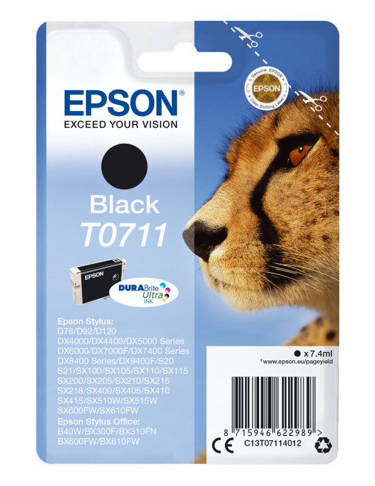 Epson Cheetah Yksittäispakkaus, musta T0711 DURABrite Ultra -muste