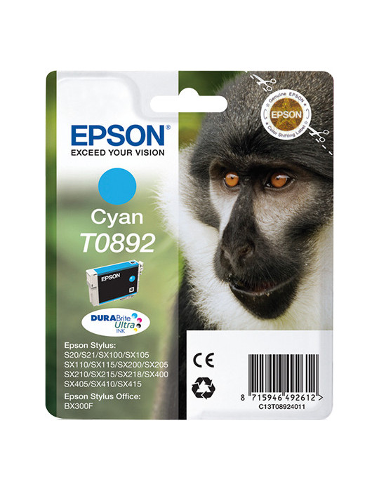 Epson Monkey Yksittäispakkaus, syaani T0892 DURABrite Ultra -muste