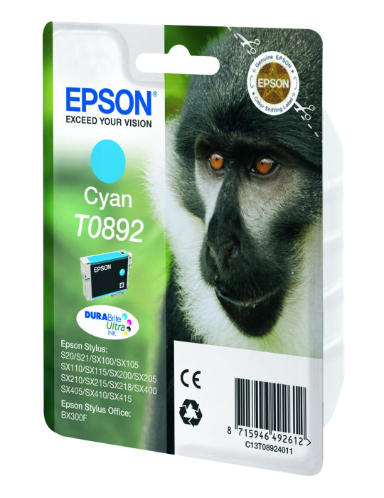 Epson Monkey Yksittäispakkaus, syaani T0892 DURABrite Ultra -muste