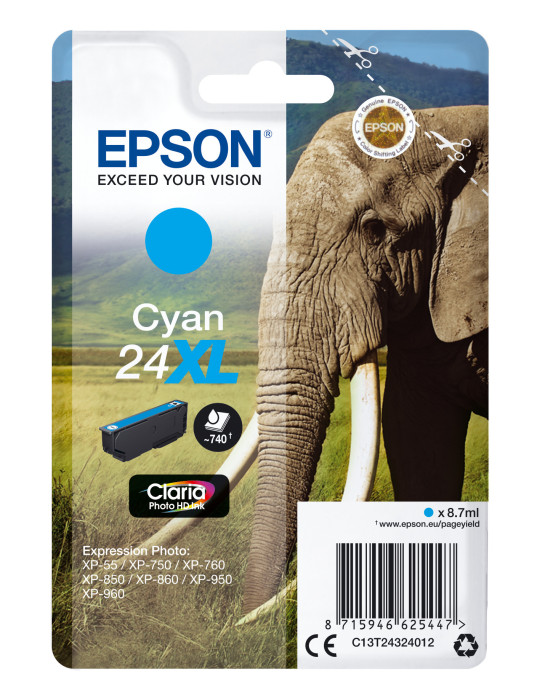 Epson Elephant Yksittäispakkaus, syaani 24XL Claria Photo HD -muste