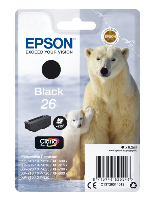 Epson Polar bear Yksittäispakkaus, musta 26 Claria Premium -muste