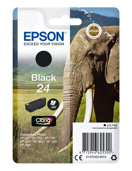 Epson Elephant Yksittäispakkaus, musta 24 Claria Photo HD -muste