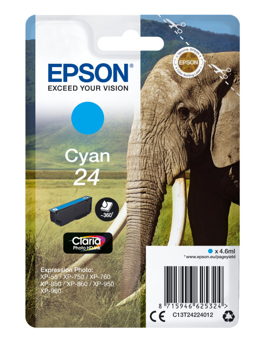 Epson Elephant Yksittäispakkaus, syaani 24 Claria Photo HD -muste