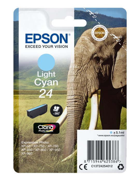 Epson Elephant Yksittäispakkaus, vaalea syaani 24 Claria Photo HD -muste