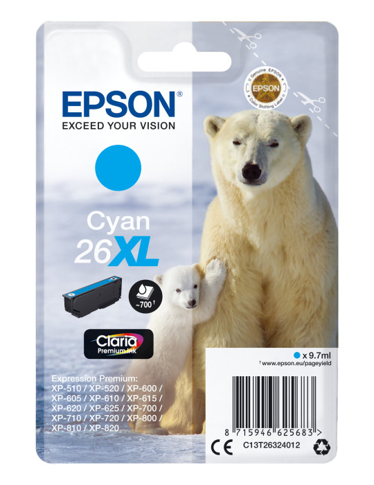 Epson Polar bear Yksittäispakkaus, syaani 26XL Claria Premium -muste