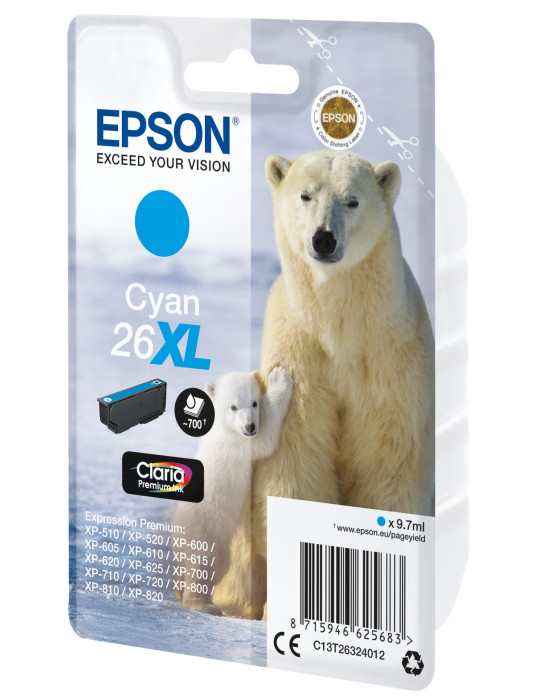 Epson Polar bear Yksittäispakkaus, syaani 26XL Claria Premium -muste