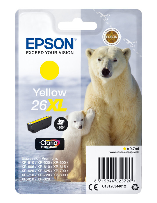 Epson Polar bear Yksittäispakkaus, keltainen 26XL Claria Premium -muste